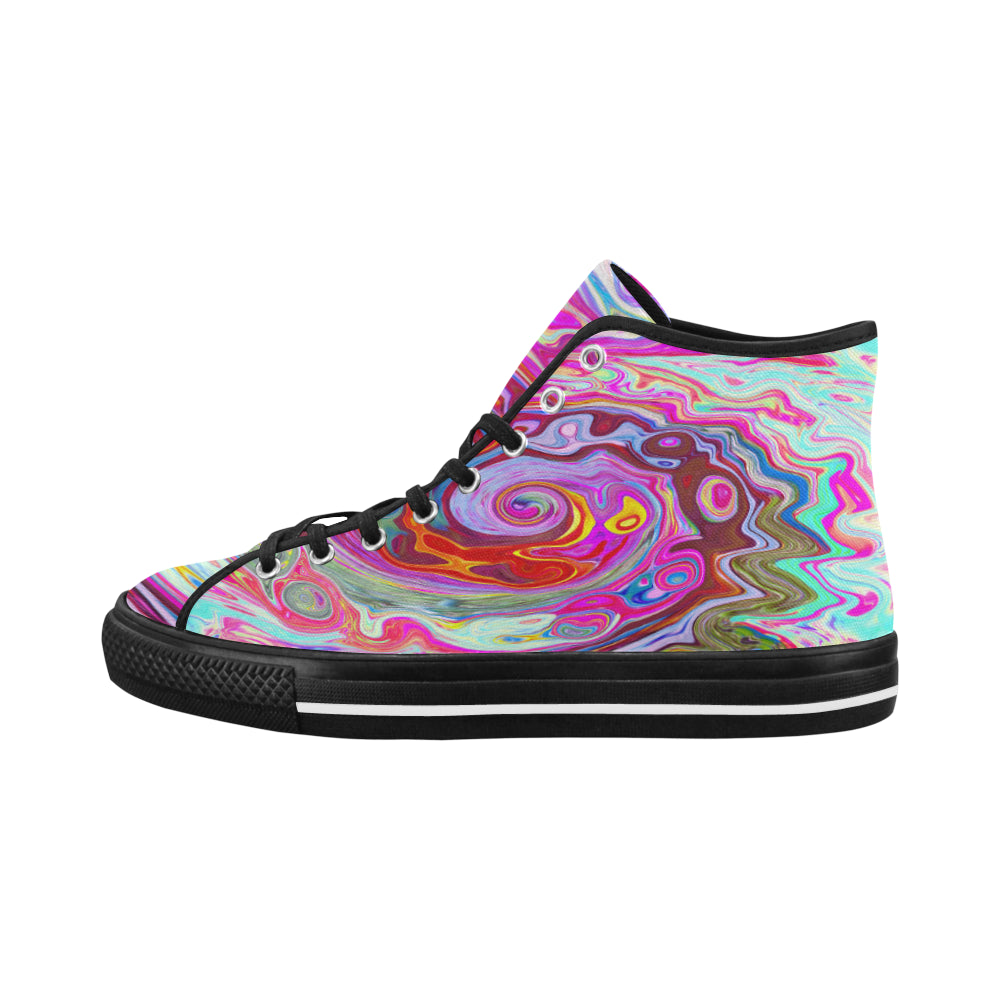 Colorful High Top Sneakers for Women, Groovy Abstract Retro Hot Pink and Blue Swirl, Black