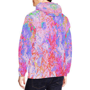 Hoodies for Men, Pastel Pink and Red with a Blue Hydrangea Landscape
