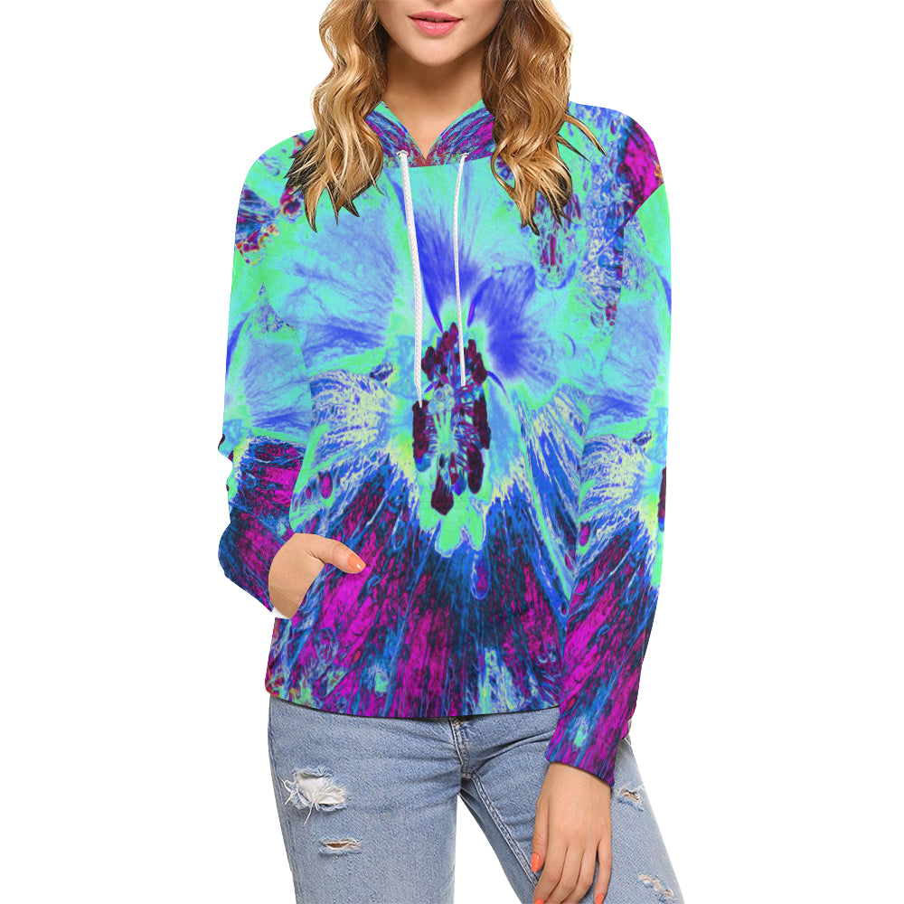 Hoodies for Women, Psychedelic Retro Green and Blue Hibiscus Flower