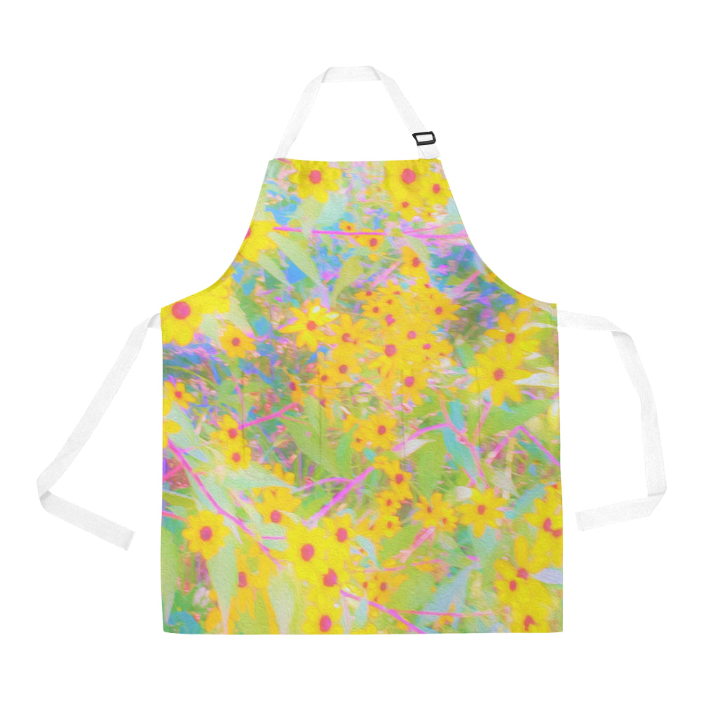 Apron with Pockets, Pretty Yellow and Red Flowers with Turquoise