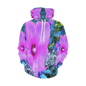 Hoodies for Women, Pink Hibiscus with Blue Hydrangea Foliage