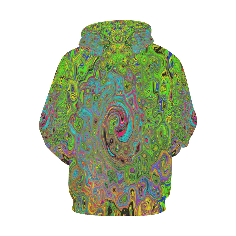 Hoodies for Men, Groovy Abstract Retro Lime Green and Blue Swirl