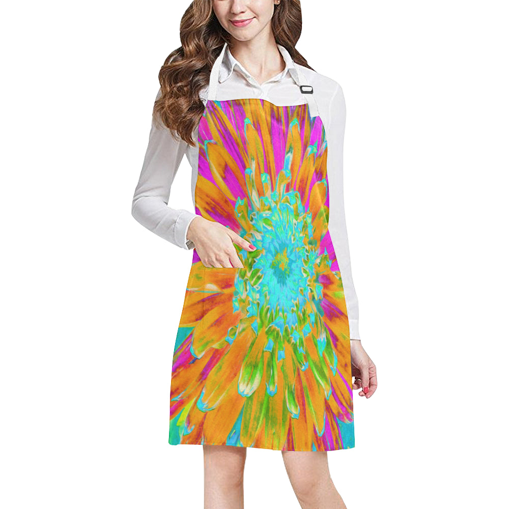 Apron with Pockets, Tropical Orange and Hot Pink Decorative Dahlia