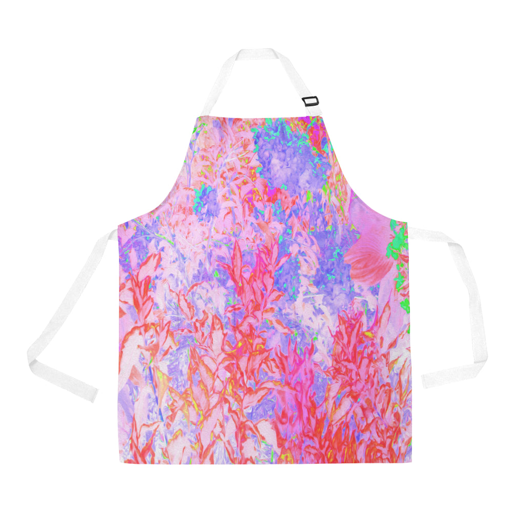 Apron with Pockets, Pastel Pink and Red with a Blue Hydrangea Landscape