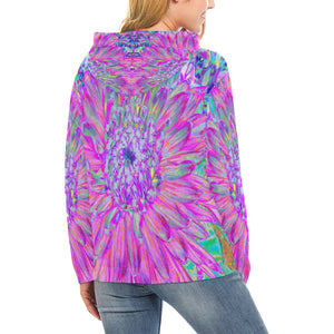 Hoodies for Women, Cool Pink, Blue and Purple Cactus Dahlia Explosion