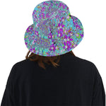 Bucket Hats, Aqua Garden with Violet Blue and Hot Pink Flowers