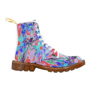 Boots for Women, Retro Psychedelic Aqua and Orange Flowers - White