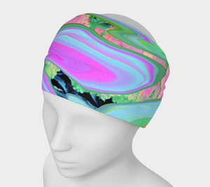 Wide Fabric Headbands, Retro Pink and Light Blue Liquid Art on Hydrangea