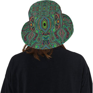 Bucket Hats, Trippy Retro Black and Lime Green Abstract Pattern