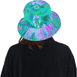Bucket Hats, Psychedelic Retro Green and Hot Pink Hibiscus Flower