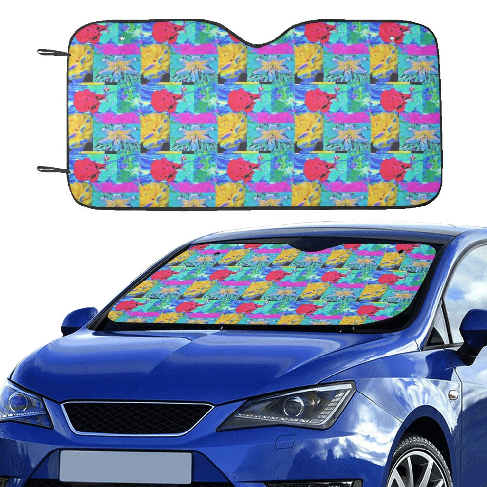 Auto Sun Shades, Red and Yellow Roses with Lily Flowers Patchwork