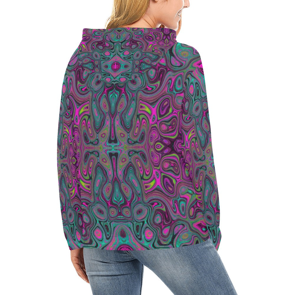 Hoodies for Women, Abstract Magenta and Teal Blue Groovy Retro Pattern