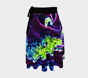 Artsy Wrap Skirt, Graphic Black White Blue and Green Rose Detail
