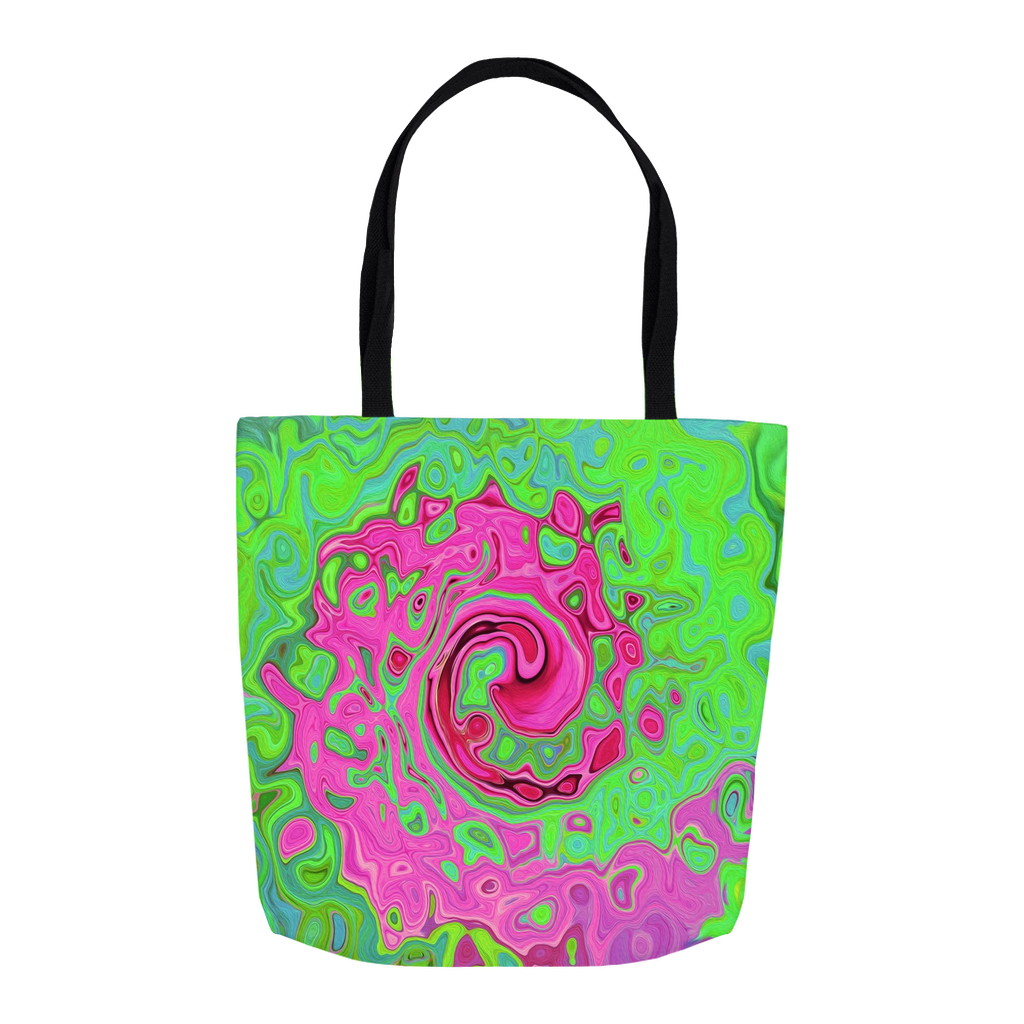 Trippy Tote Bags, Groovy Abstract Green and Red Lava Liquid Swirl