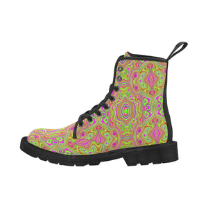 Boots for Women, Trippy Retro Chartreuse Magenta Abstract Pattern - Black