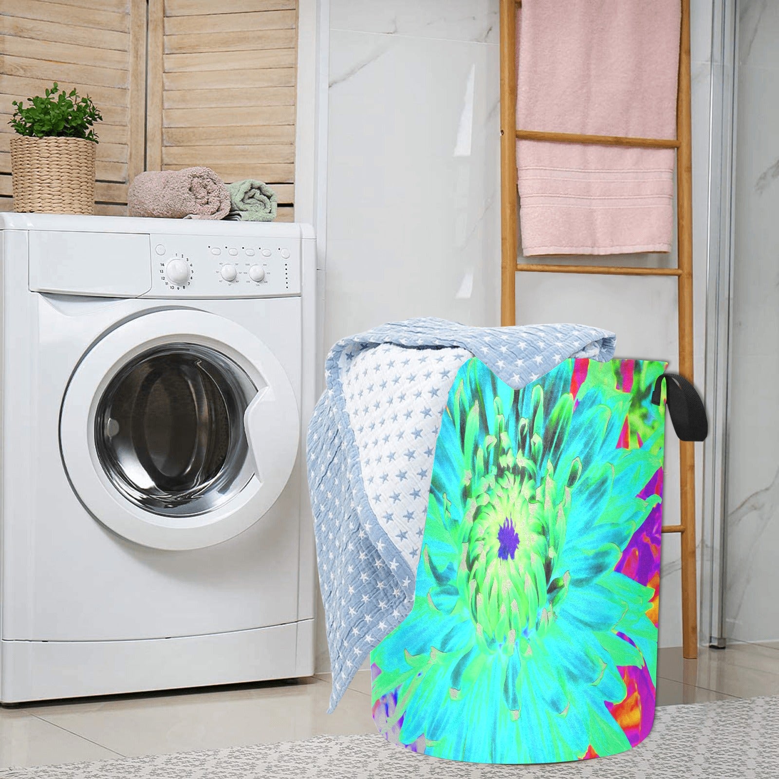 Fabric Laundry Basket with Handles, Aqua Cactus Dahlia Abstract Macro Flower