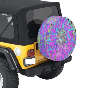Spare Tire Covers, Trippy Abstract Aqua, Lime Green and Purple Dahlia - Small
