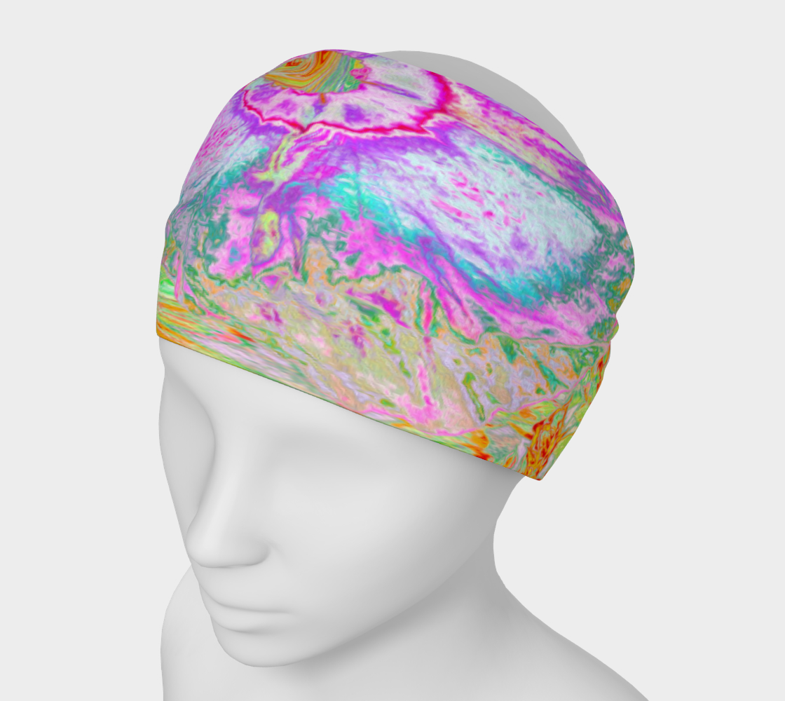 Wide Fabric Headband, Psychedelic Hot Pink and Ultra-Violet Hibiscus, Face Covering