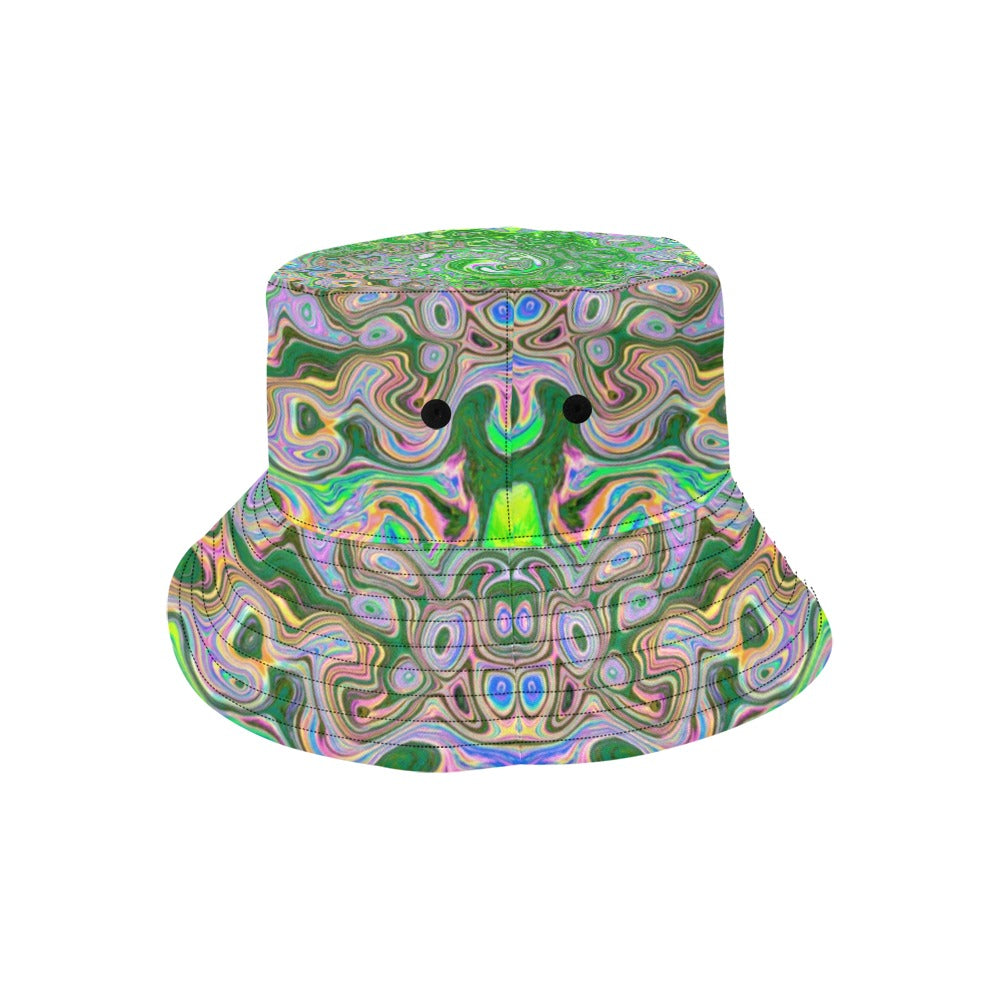 Bucket Hats, Trippy Lime Green and Pink Abstract Retro Swirl