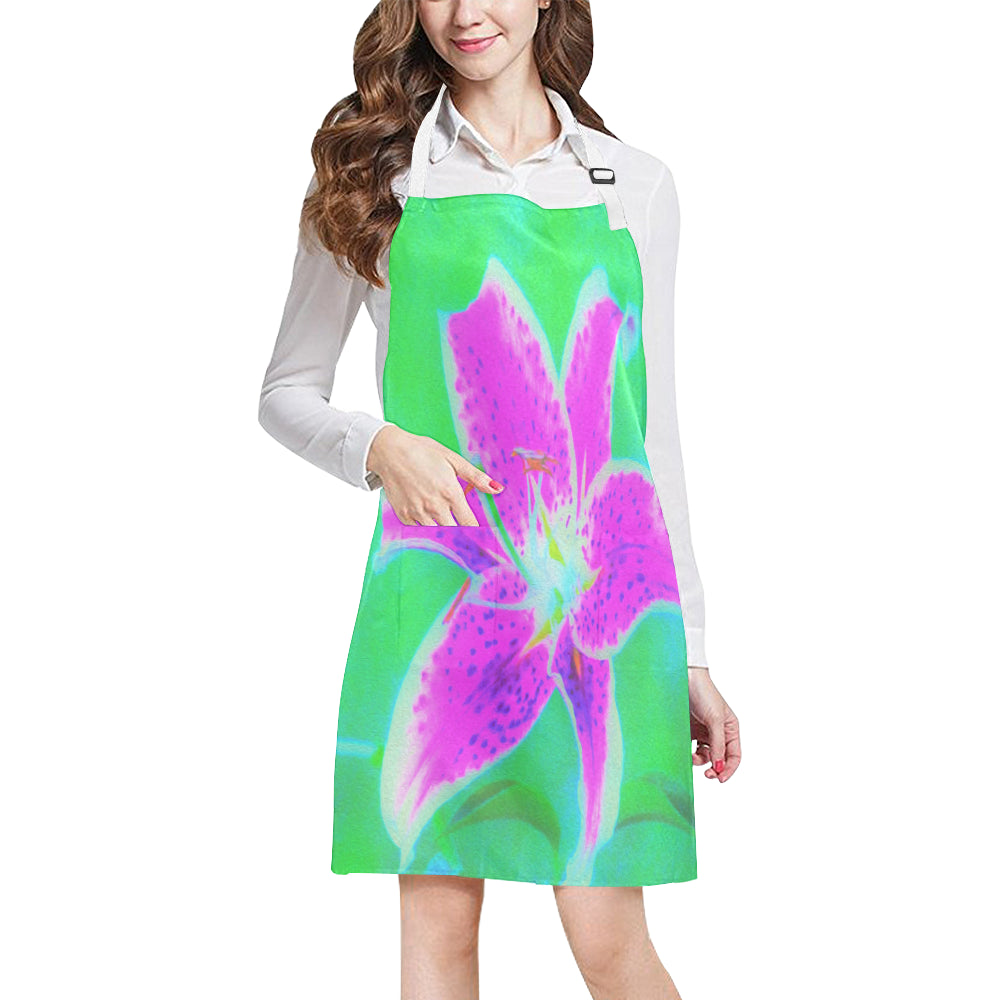 Apron with Pockets, Hot Pink Stargazer Lily on Turquoise and Green