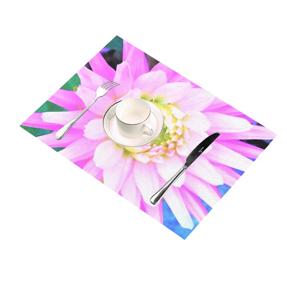 Cloth Placemats Set, Pretty Pink, White and Yellow Cactus Dahlia Macro