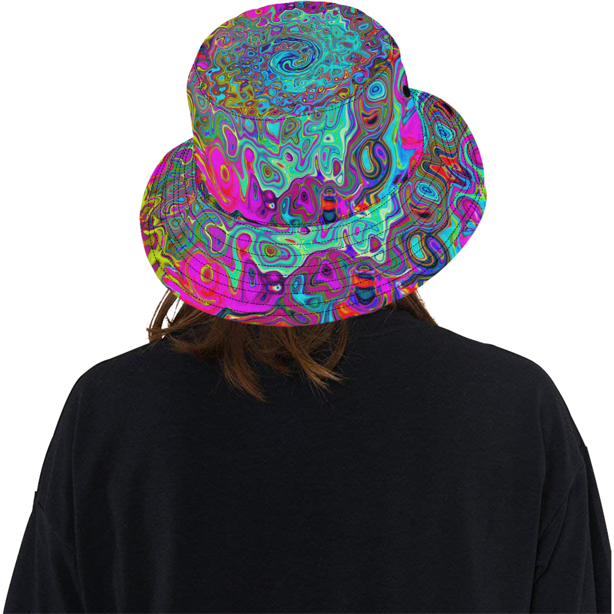 Bucket Hats, Trippy Sky Blue Abstract Retro Liquid Swirl