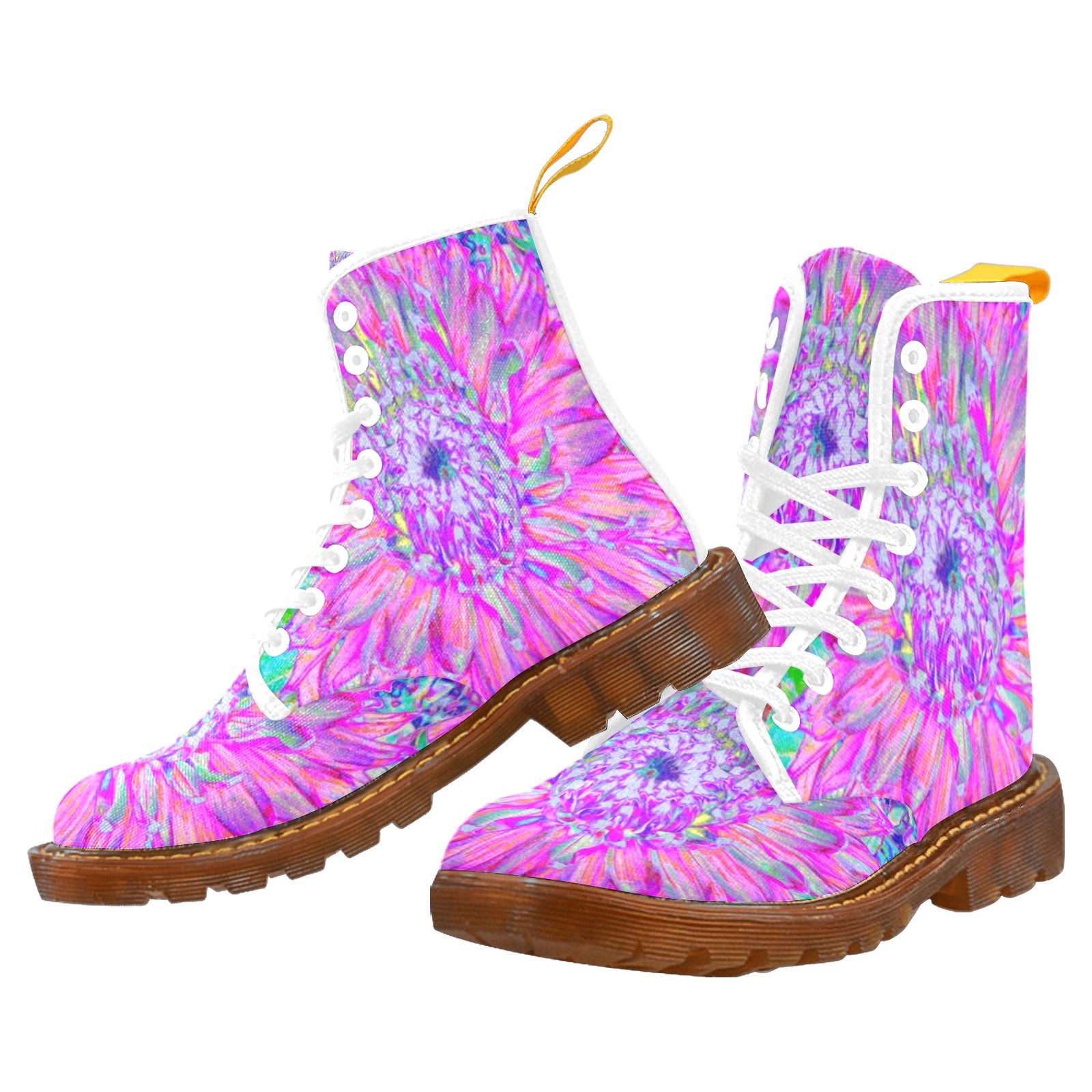 Boots for Women, Cool Pink Blue and Purple Artsy Dahlia Bloom - White