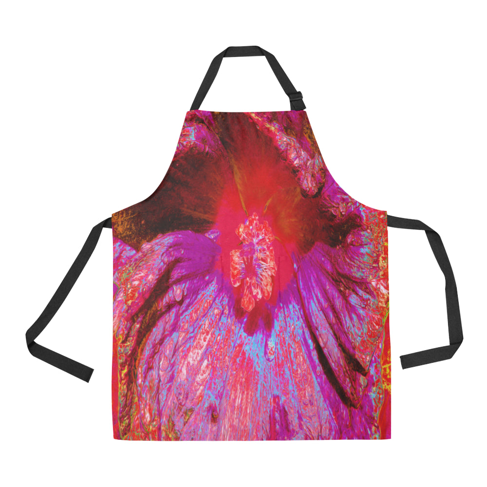 Apron with Pockets, Psychedelic Trippy Retro Red Hibiscus Flower