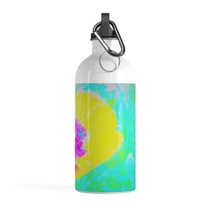 Stainless Steel Water Bottle, Yellow Poppy with Hot Pink Center on Turquoise
