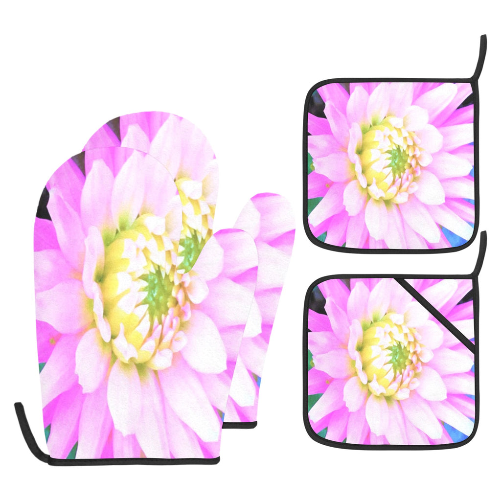 Oven Mitts and Pot Holders Set, Pretty Pink, White and Yellow Cactus Dahlia Macro