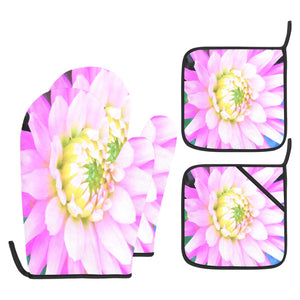 Oven Mitts and Pot Holders Set, Pretty Pink, White and Yellow Cactus Dahlia Macro