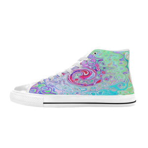 High Top Sneakers for Women, Groovy Abstract Retro Pink and Green Swirl