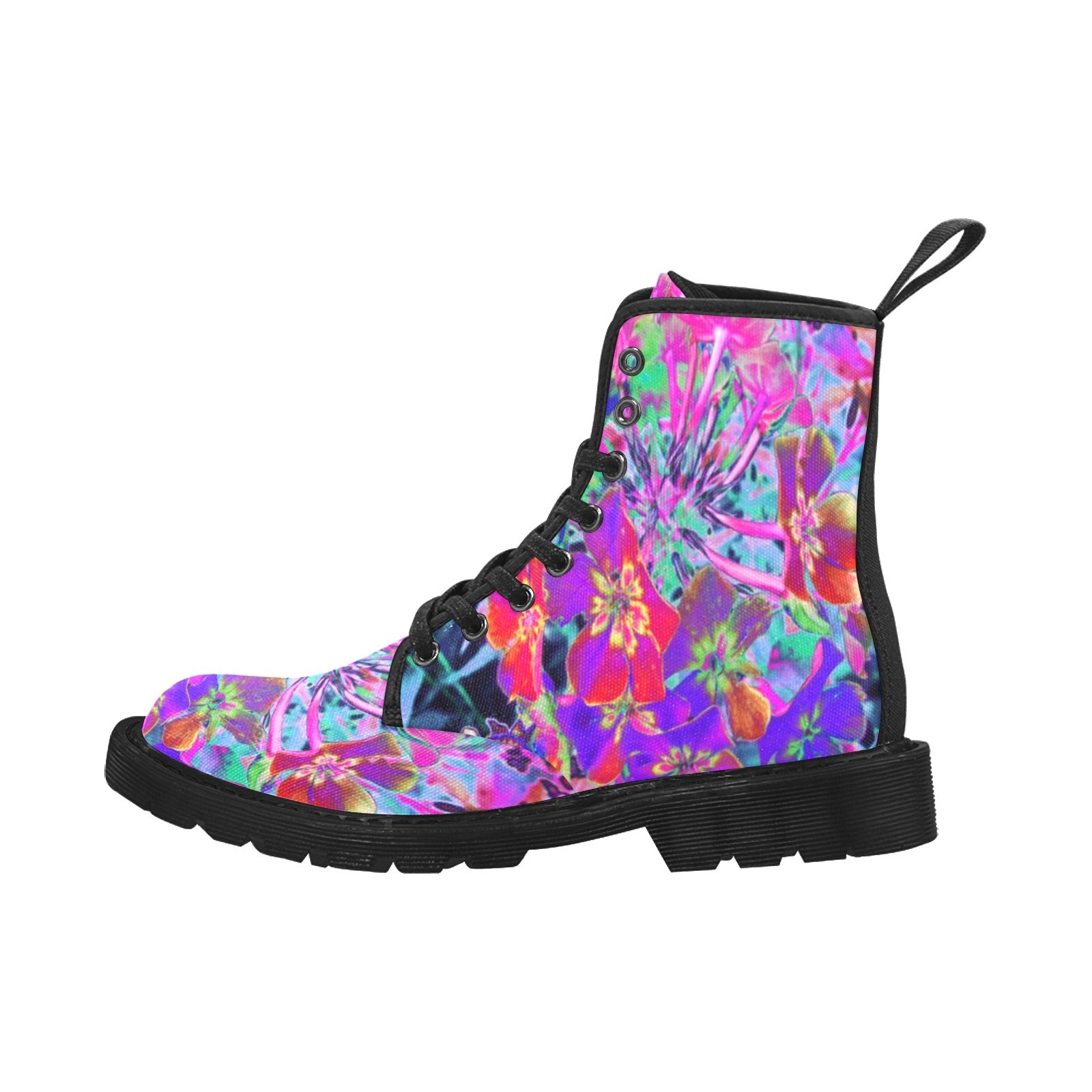 Boots for Women, Dramatic Psychedelic Colorful Red and Purple Flowers - Black