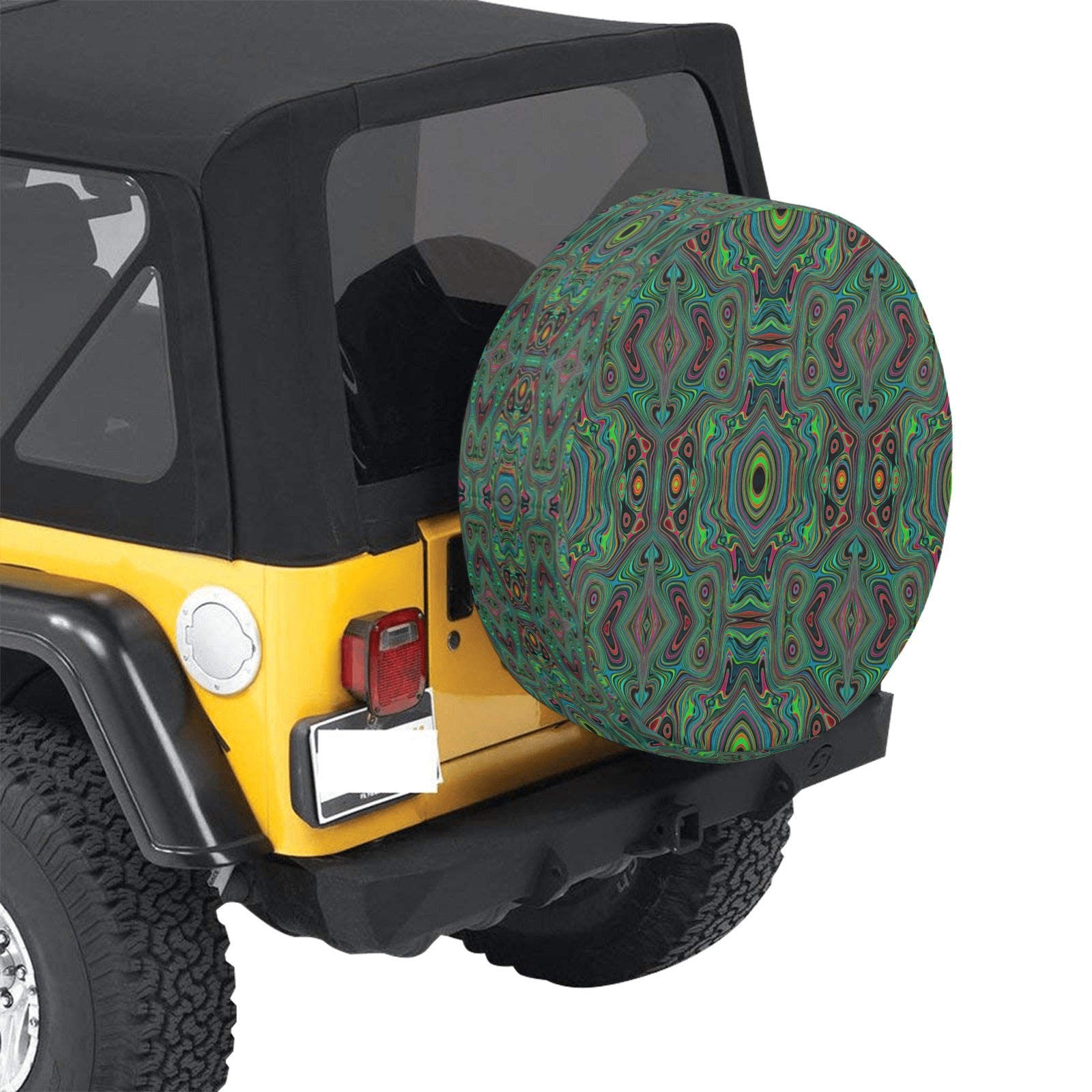 Spare Tire Covers, Trippy Retro Black and Lime Green Abstract Pattern - Medium