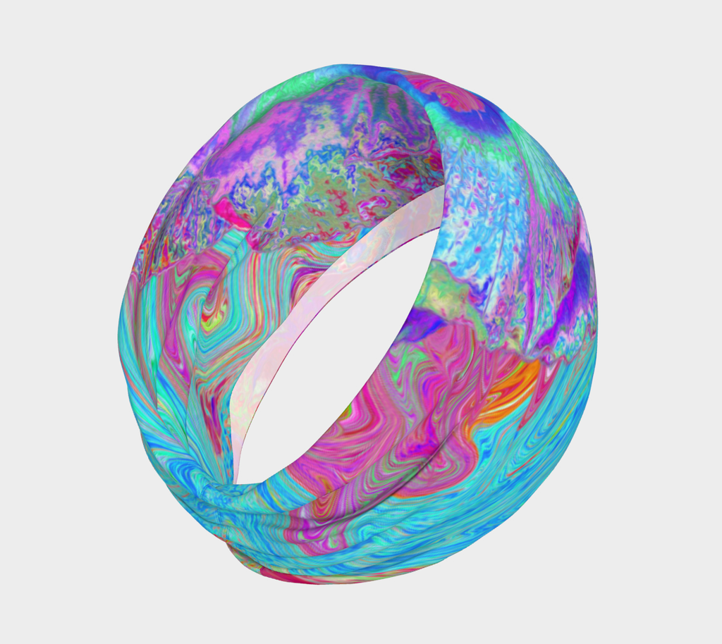 Wide Fabric Headband, Psychedelic Retro Rainbow Blue Hibiscus, Face Covering