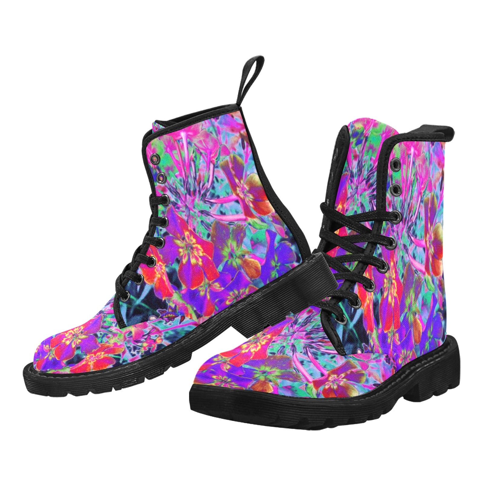 Boots for Women, Dramatic Psychedelic Colorful Red and Purple Flowers - Black