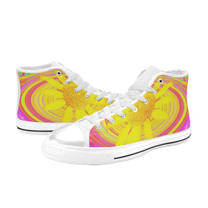 High Top Sneakers for Women, Yellow Sunflower on a Psychedelic Swirl - White