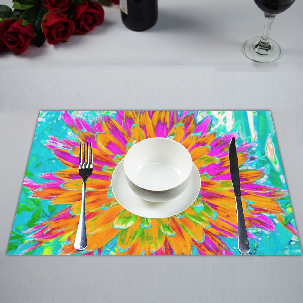 Colorful Floral Cloth Placemats Set, Tropical Orange and Hot Pink Decorative Dahlia