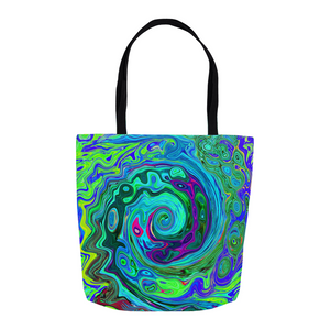 Tote Bags, Groovy Abstract Retro Green and Blue Swirl