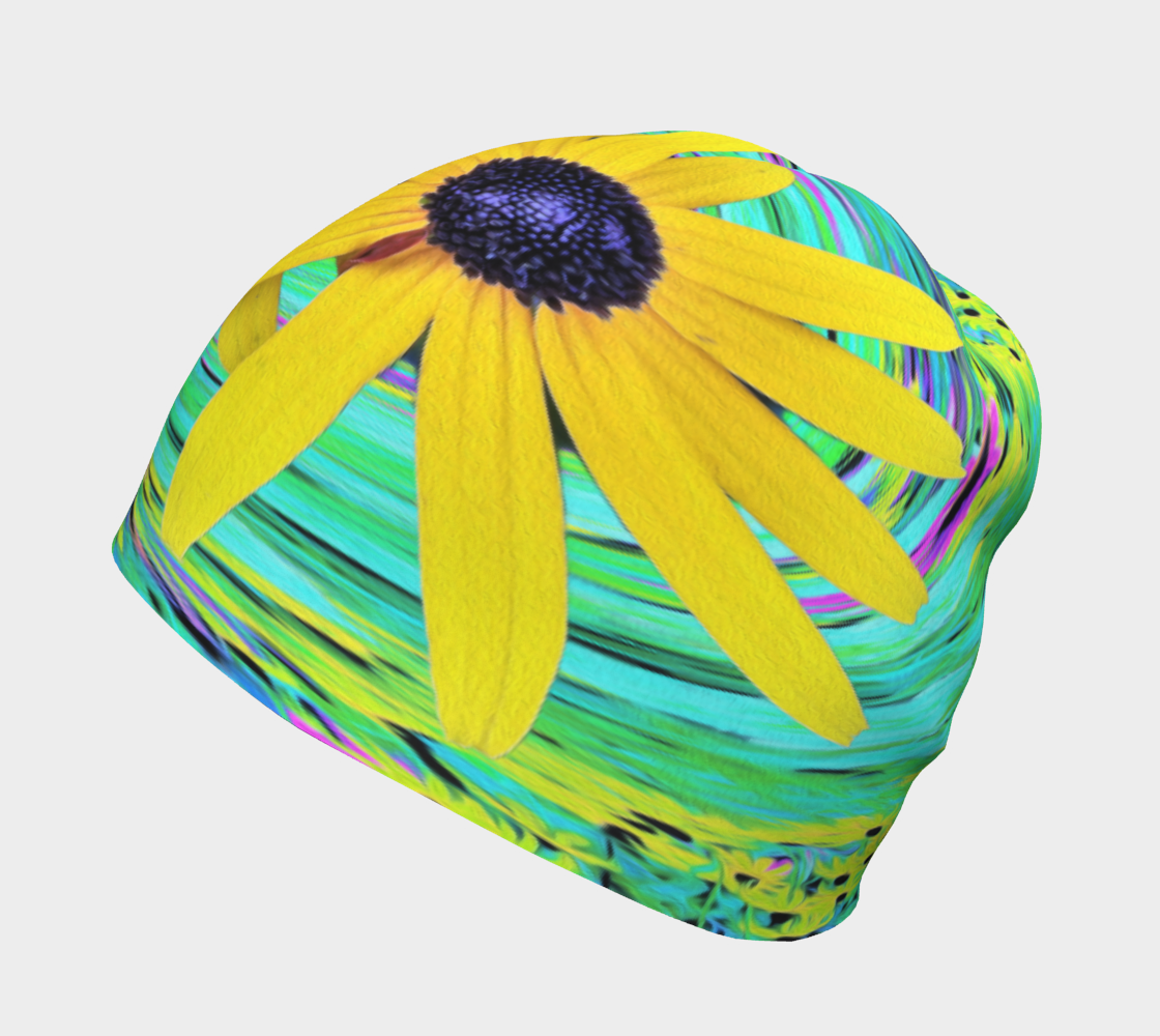 Beanie Hat, Yellow Rudbeckia Flowers on a Turquoise Swirl Beanies for Women