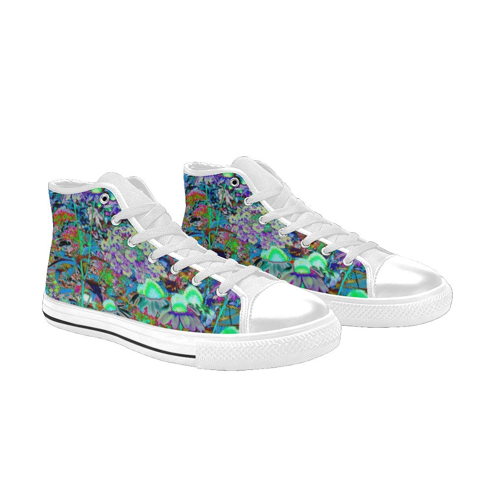 High Top Sneakers for Women, Psychedelic Purple and Lime Green Garden Flowers - White