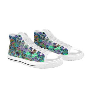 High Top Sneakers for Women, Psychedelic Purple and Lime Green Garden Flowers - White