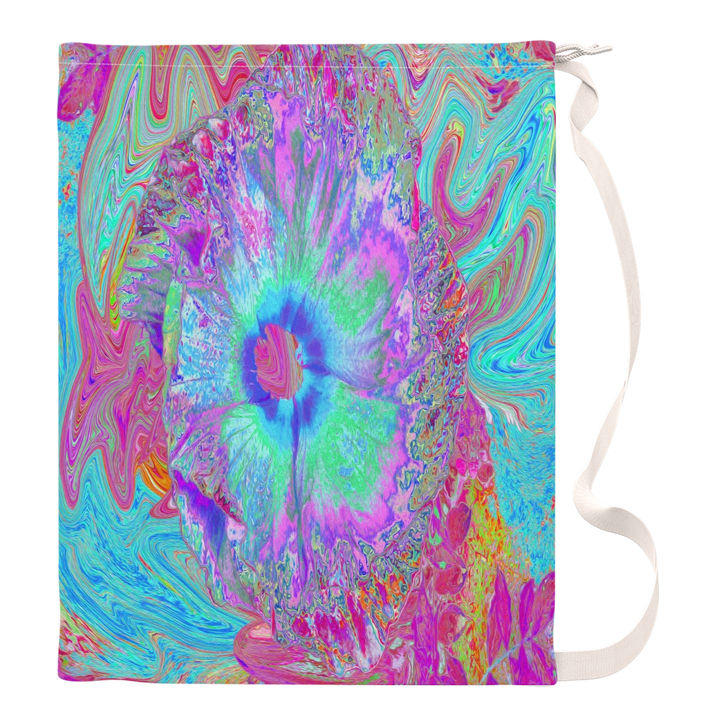 Large Laundry Bags, Psychedelic Retro Rainbow Blue Hibiscus