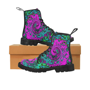 Boots for Women, Bold Magenta Abstract Groovy Liquid Art Swirl - Black