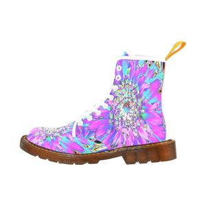 Boots for Women, Trippy Abstract Aqua, Lime Green and Purple Dahlia - White