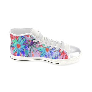 High Top Sneakers for Women, Retro Psychedelic Aqua and Orange Flowers - White