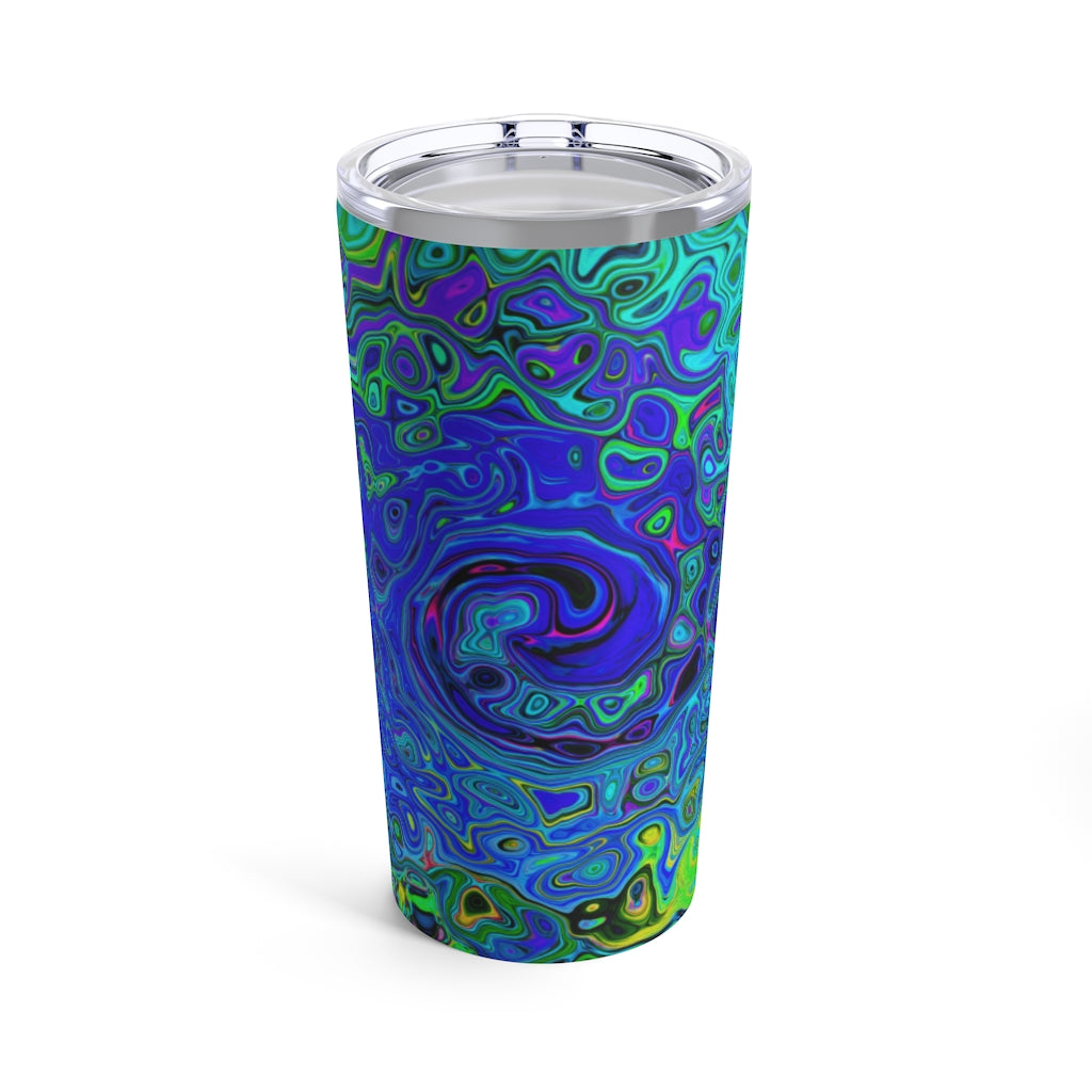 Travel Tumblers, Trippy Violet Blue Abstract Retro Liquid Swirl