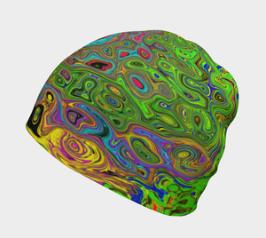 Beanie Hat, Groovy Abstract Retro Lime Green and Blue Swirl