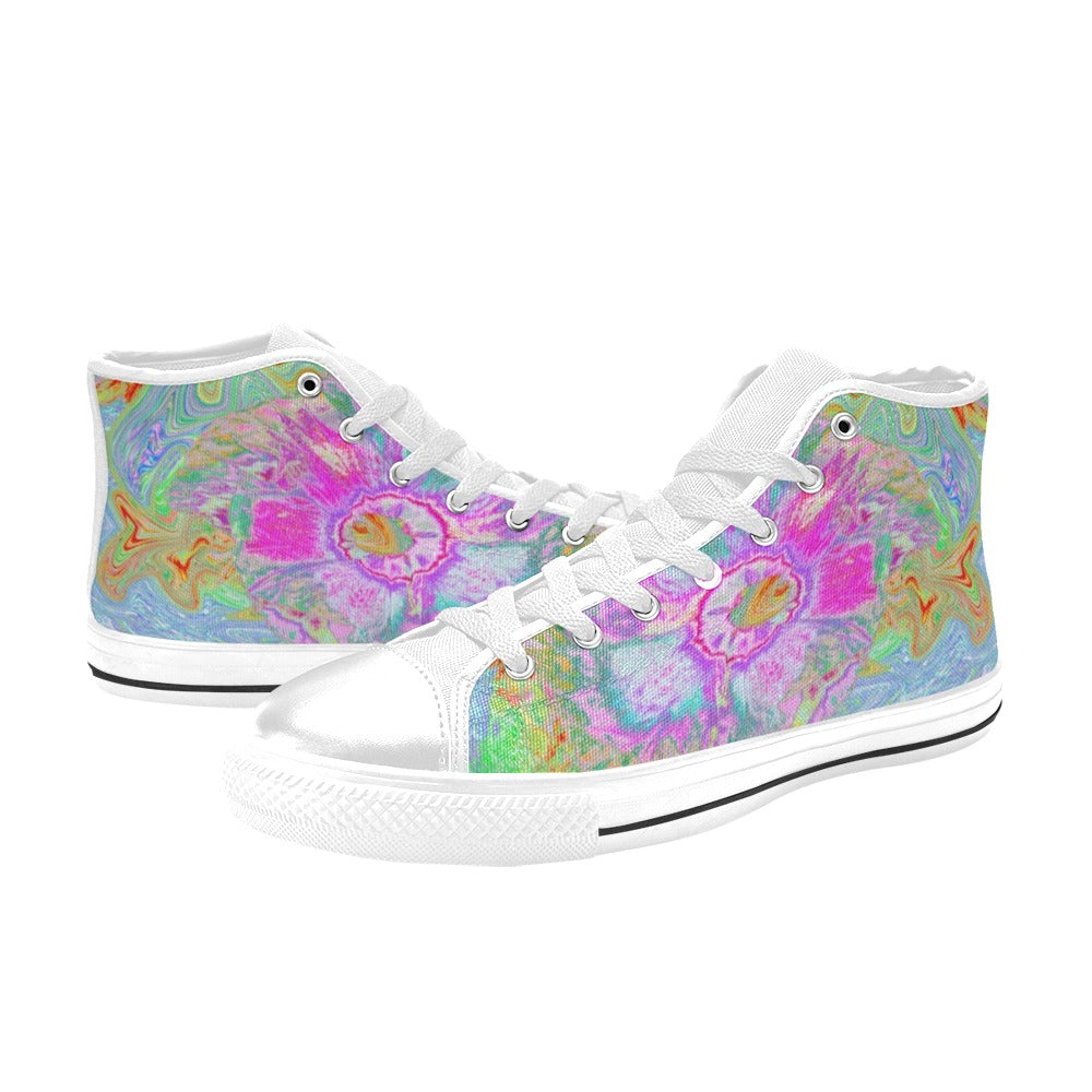 High Top Sneakers for Women, Psychedelic Hot Pink and Ultra-Violet Hibiscus - White