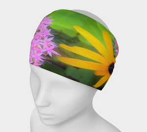 Wide Fabric Headband, Succulent Hot Pink Sedum and Yellow Rudbeckia, Face Covering